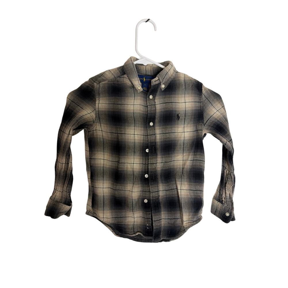 Ralph Lauren Boys Size 6 Plaid Flannel Button Down Shirt Navy Olive Khaki